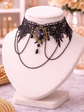 Victorian Gothic Steampunk Black Lace Choker Necklace with Gold Filigree